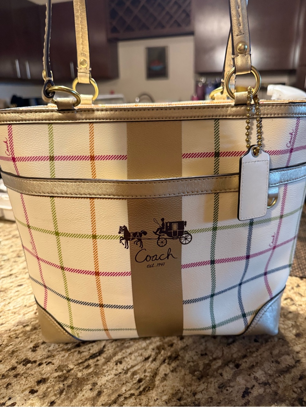 Coach Tattersall Plaid Leather Tote with Gold Accents vintage perfect condition